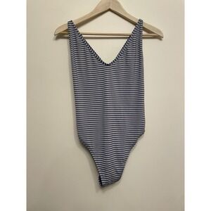 Aerie One Piece Swimsuit‎ Women XL Stripe Blue Silver Ruffle Cheeky High Cut